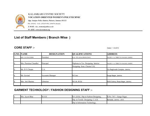 List of Staff Members ( Branch Wise ) - Kalamkari Center Society