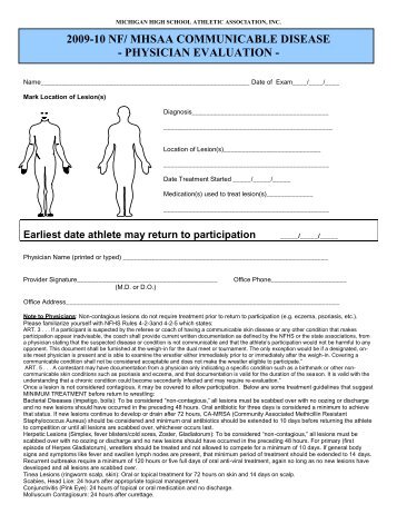 Physician Release Form for Wrestler to Participate with Skin Lesion