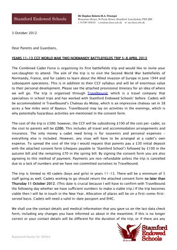 SES CCF Normandy Trip Letter - Stamford Endowed Schools