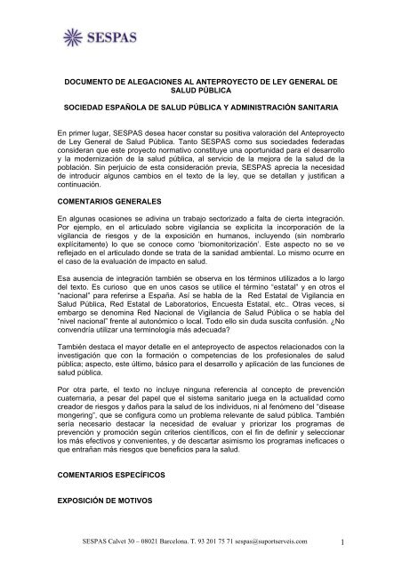 DOCUMENTO DE ALEGACIONES AL ANTEPROYECTO ... - Sespas