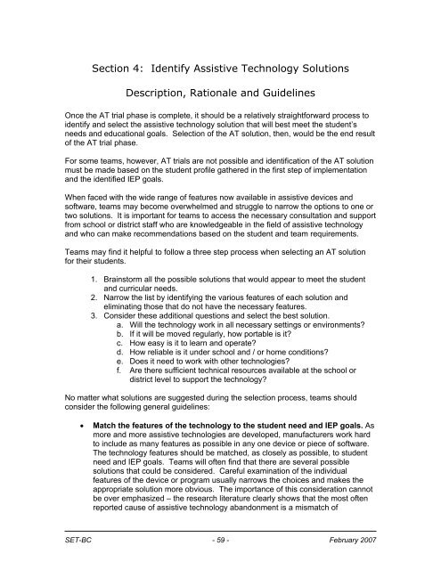 Section 4: Identify Assistive Technology Solutions ... - Set BC