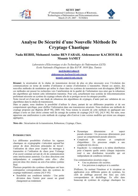 Analyse De SÃ©curitÃ© d'une Nouvelle MÃ©thode De Cryptage Chaotique