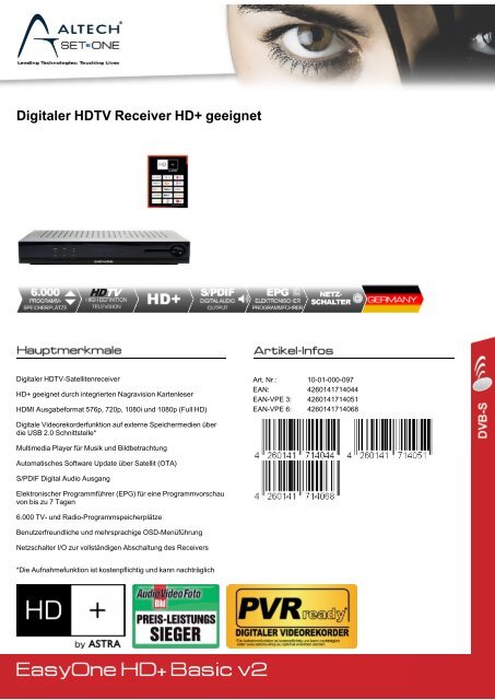 Digitaler HDTV Receiver HD+ geeignet - SetOne