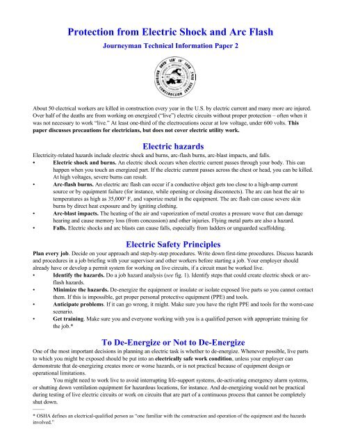 Protection From Electric Shock and Arc Flash - Seton Resource Center
