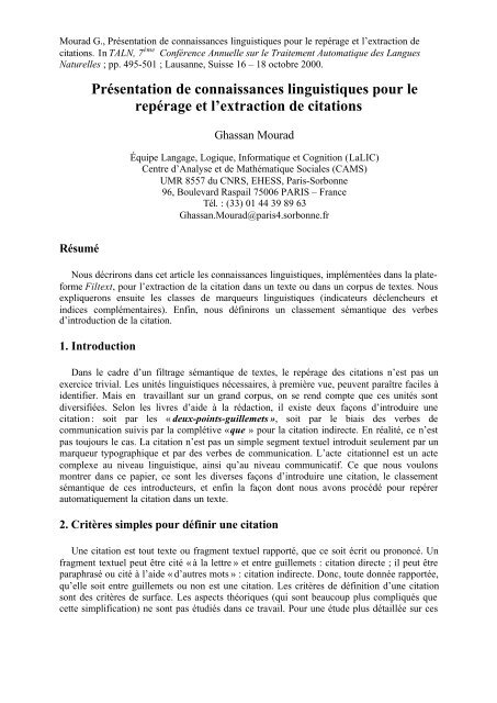 Presentation De Connaissances Linguistiques Pour Le Lalic Presentation De Connaissances Linguistiques Pour Le Lalic