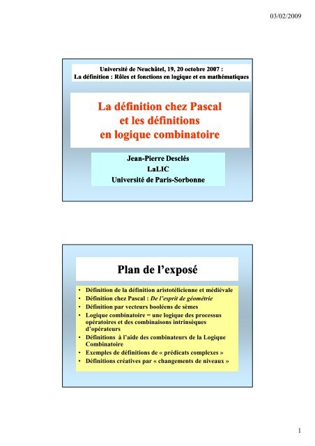 La définition chez Pascal et les définitions en logique ... - LaLIC