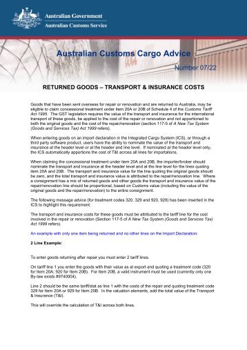 Australian Customs Cargo Advice Number 07/22