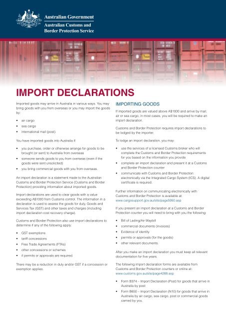 IMPORT DECLARATIONS - Australian Customs Service