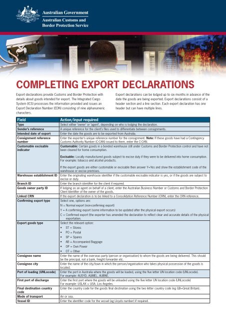 Completing export deClarations - Australian Customs Service
