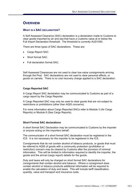 Module 19 - Self Assessed Clearance Declarations - Cargo Support