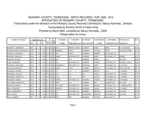 Birth 1908-1912 - McNairy, Life & Times of McNairy County, TN