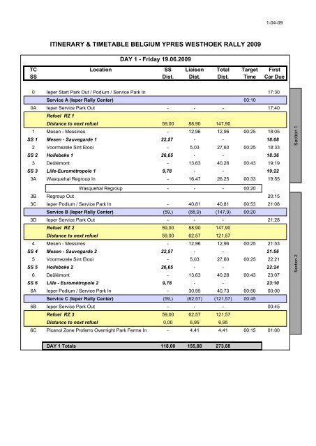 itinerary & timetable belgium ypres westhoek rally 2009 - ERC