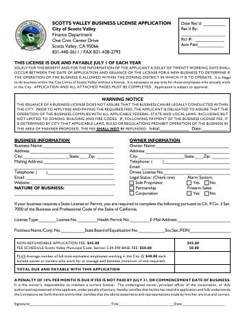 SCOTTS VALLEY BUSINESS LICENSE APPLICATION City of Scotts ...