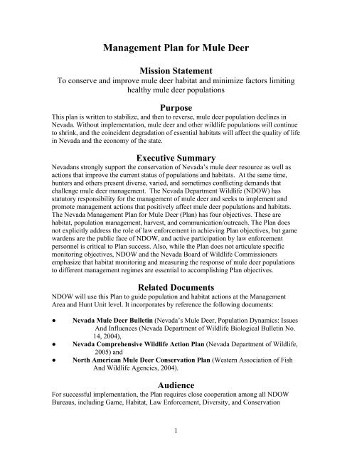 Management Plan for Mule Deer - Nevada Department of Wildlife