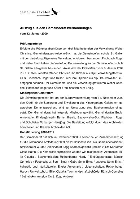 Auszug aus den Gemeinderatsverhandlungen - Sevelen