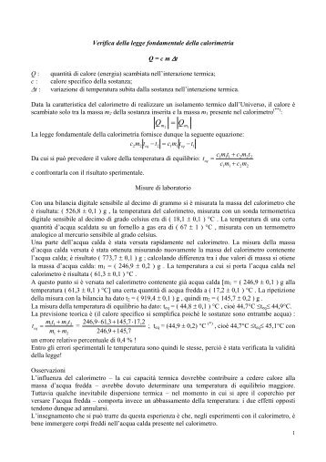 Verifica della legge fondamentale della calorimetria Q = c m Ît Q ...