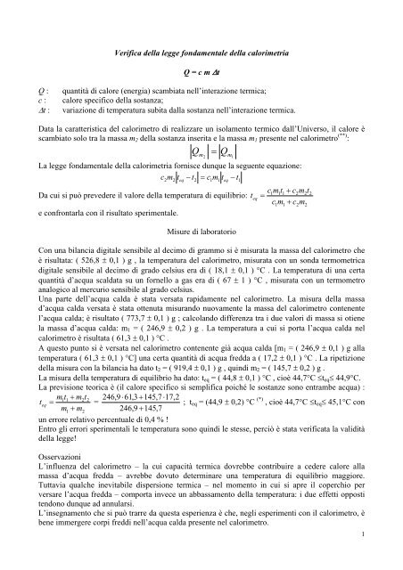 Verifica della legge fondamentale della calorimetria Q = c m Î”t Q ...