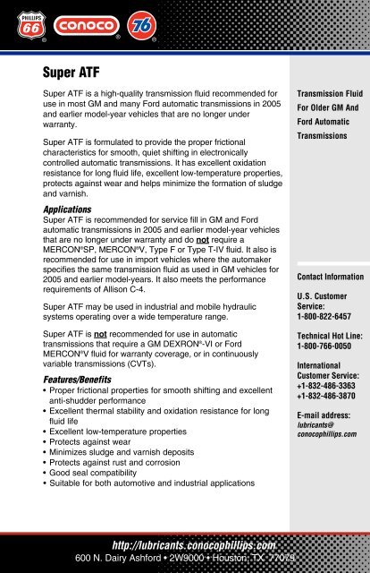 Conoco Phillips Family Of Brands Super Atf Pdf Severson Oil