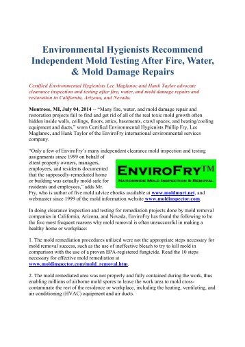 Environmental Hygienists Recommend Independent Mold Testing After Fire, Water, & Mold Damage Repairs