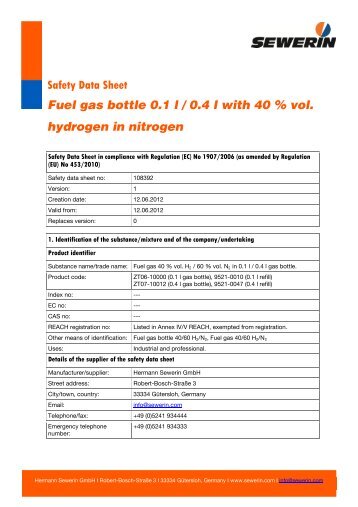 Safety data sheet Fuel gas bottle 40 % vol. hydrogen in ... - Sewerin