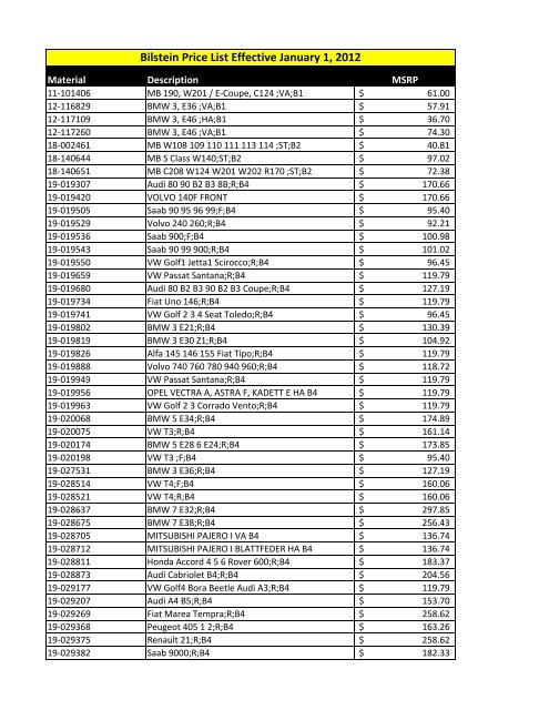 Bilstein Price List Effective January 1, 2012