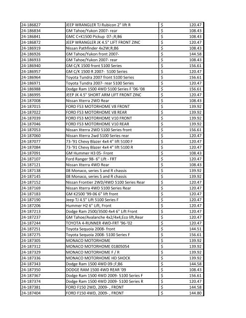Bilstein Price List Effective January 1, 2012