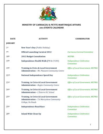 ministry of carriacou & petite martinique affairs 2012 events calendar