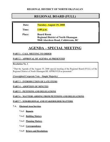 AGENDA â SPECIAL MEETING - Regional District of North Okanagan