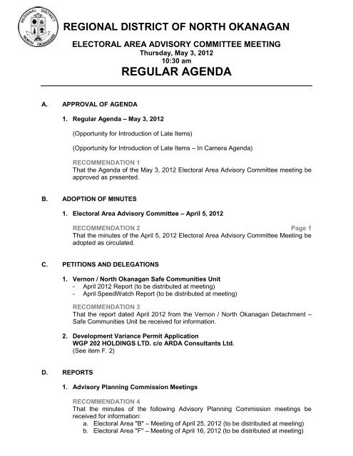 REGULAR AGENDA - Regional District of North Okanagan