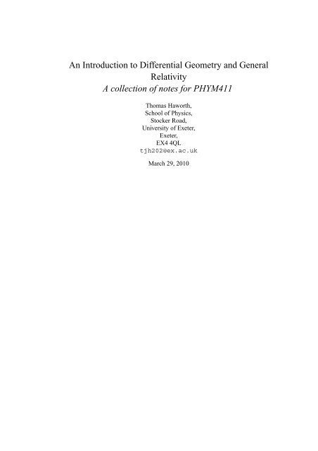 An Introduction to Differential Geometry and General Relativity A ...