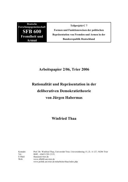 SFB 600 - Fremdheit und Armut - UniversitÃ¤t Trier