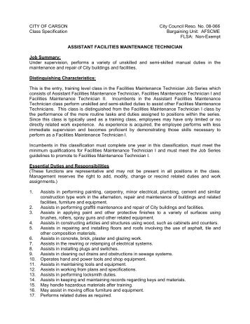 Assistant Facilities Maintenance Technician - City of Carson