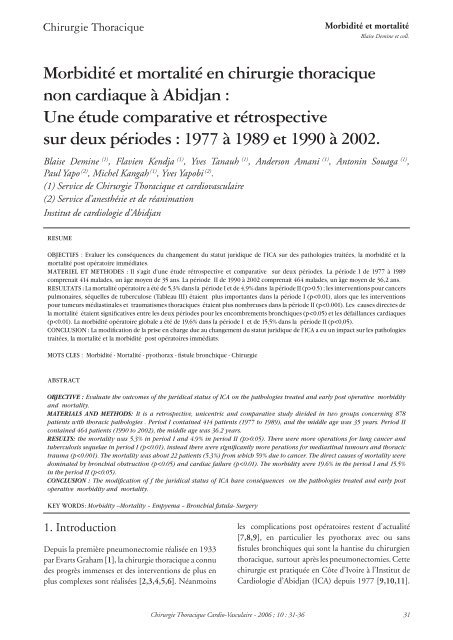 MorbiditÃ© et mortalitÃ© en chirurgie thoracique non cardiaque ... - sfctcv