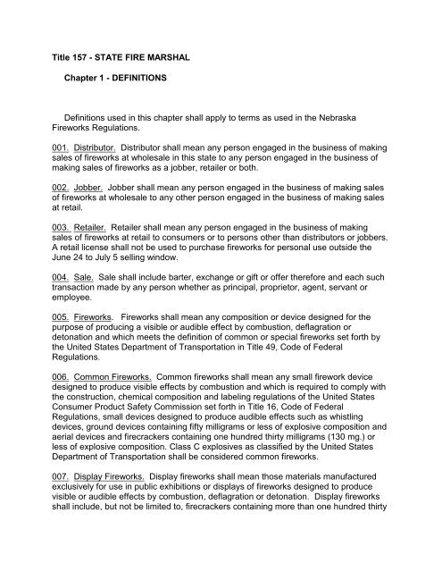 Title 157 Nebraska State Fire Marshal