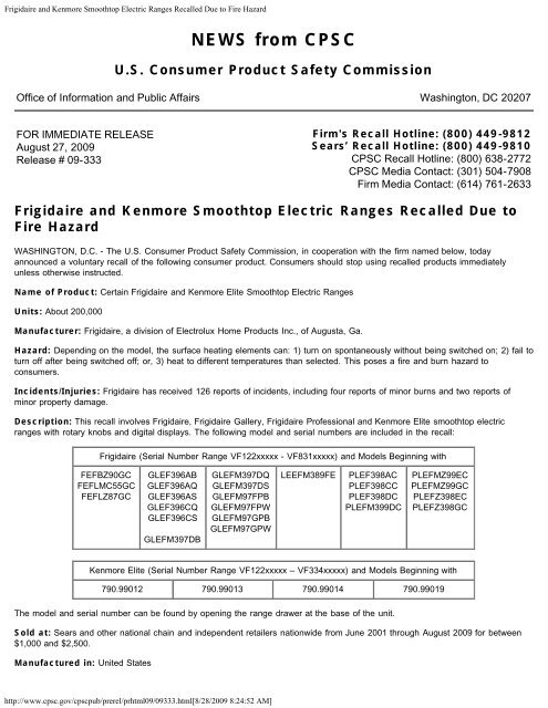 frigidaire smooth top stove recall