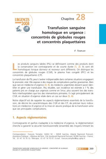 Transfusion sanguine homologue en urgence : concentrés ... - SFMU