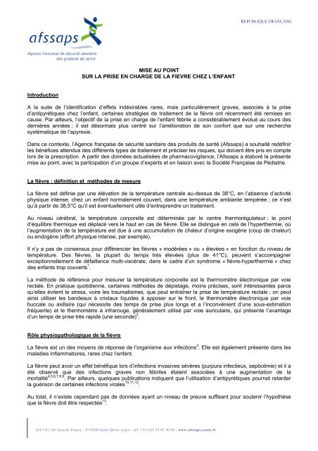 Prise en charge de la fièvre chez l'enfant, AFSSAPS - Infectiologie
