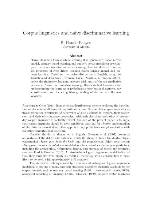 Corpus linguistics and naive discriminative learning - University of ...