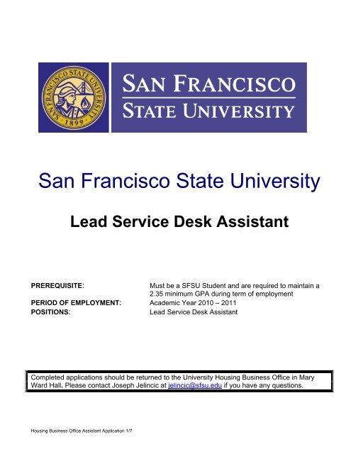 Lead Housing Service Desk Assistant - San Francisco State University