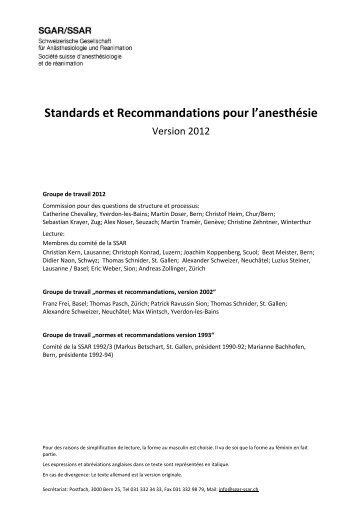 Standards et Recommandations pour l'anesthÃ©sie - Schweizerische ...