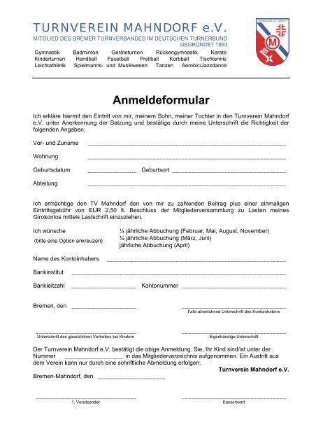 TURNVEREIN MAHNDORF e.V. Anmeldeformular - SG Bremen-Ost