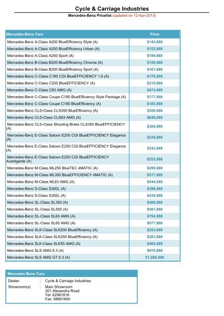 Mercedes Benz Pricelist Apr 2013 Sgcarmart