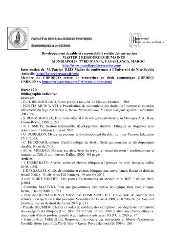 Plan de cours RSE Ã  MUNDIAPOLIS collaboration facultÃ© ... - CNRS