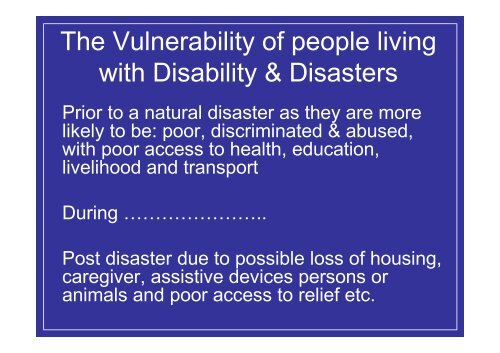 DISABILITY & DISASTER