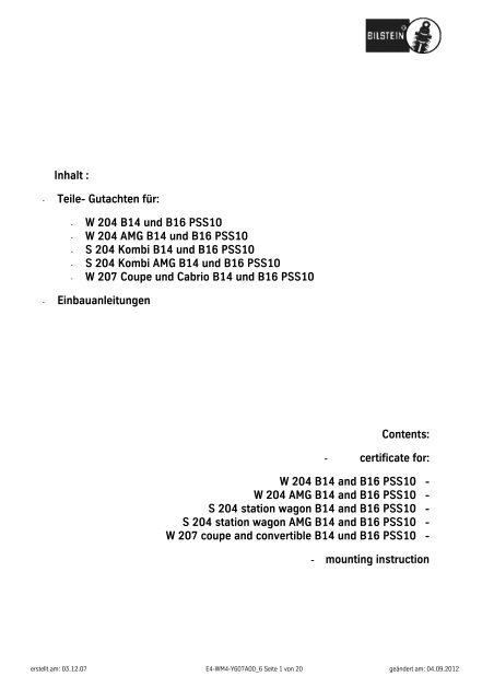 Inhalt : Teile- Gutachten für: W 204 B14 und B16 PSS10 W ... - Bilstein