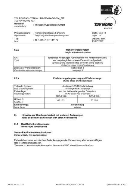 Inhalt : Teile- Gutachten für: W 204 B14 und B16 PSS10 W ... - Bilstein