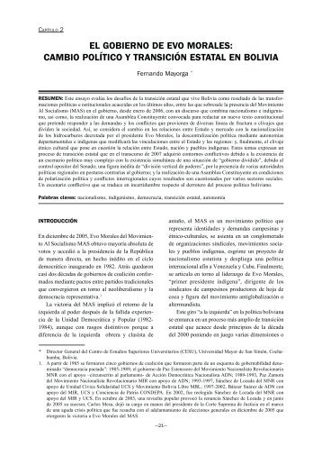 CaMbIO pOlÃ­TICO y TRaNsICIÃN EsTaTal EN bOlIvIa