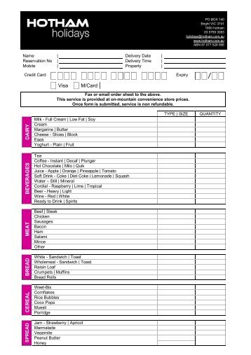 HH Grocery Order Form - Hotham Holidays