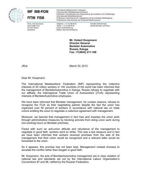 Imf Letter To Mr Koopmann Director General Of Benteler Automotive