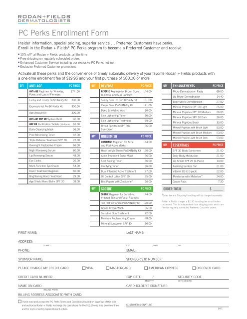 PC Perks Enrollment Form 102212 indd Rodan Fields